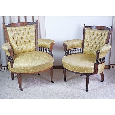 Pair of Late Victorian String Inlaid Mahogany Salon Chairs