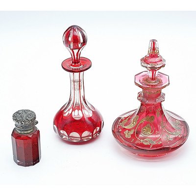 Three Victorian Ruby Glass Perfume Bottles