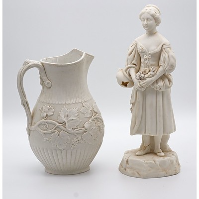 Victorian Parian Ware Figure and a Grape Leaf Jug