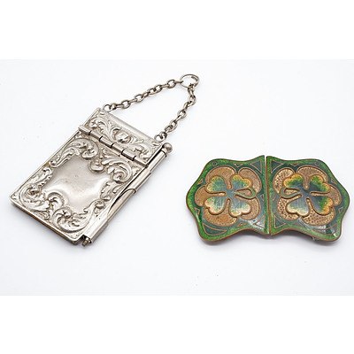 Gilt Brass and Enamel Art Nouveau Clover Pattern Belt Buckle and Nickle Silver Aide Memoire