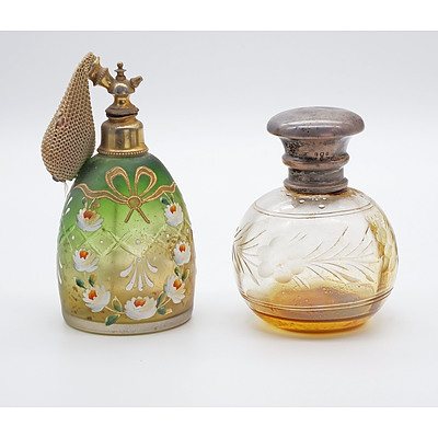 Sterling Silver Top Perfume Bottle, Charles May, London, 1920 and an Enamel and Cut Glass Atomiser