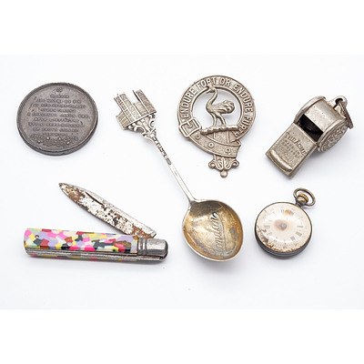 Assortment of Curios, Including Bronze Medallion, Sterling Souvenir Spoon, Whistle, Badge etc