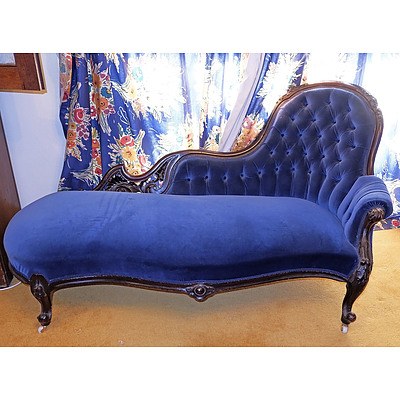 Late Victorian Chaise Lounge with Blue Velvet Upholstery, Circa 1880