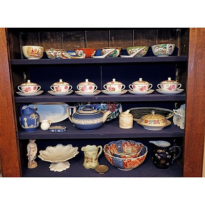 Five Shelves of Antique and Vintage Porcelain, Including Wedgwood Jasperware, Japanese Imari, Austrian Milk Glass, etc 