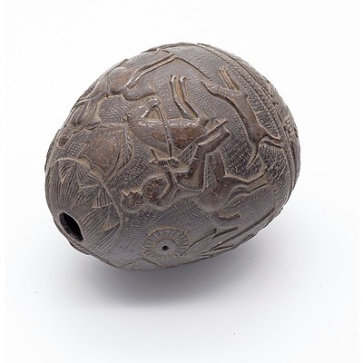 Antique Elaborately Carved Coconut 'Bugbear' Flask, Late 18th or 19th Century