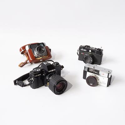 Four Cameras Including Minolta X-300, Braun Paxette Electromatic in Carry Case, Kinon SL-III and Halina Simplette F
