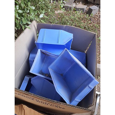Two Boxes of Blue Plastic Storage Bins