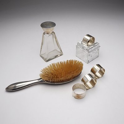 Monogrammed Sterling Silver and Crystal Perfume Bottle John Grinsell & Sons 1907, Antique Sterling Silver Hair Brush and Four Sterling Silver Serviette Rings