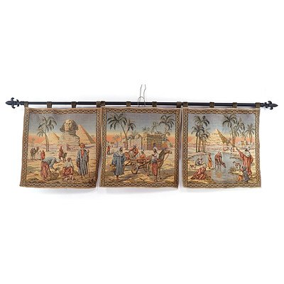 Jacquard Loomed Tapestry on Hanging Rod with Fleur De Le Finials Egyptian Scene (Largest)