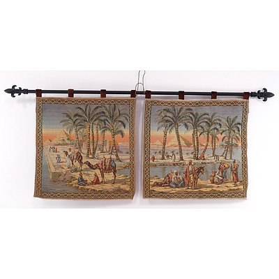 Jacquard Loomed Tapestry on Hanging Rod with Fleur De Le Finials Egyptian Scene (Medium)