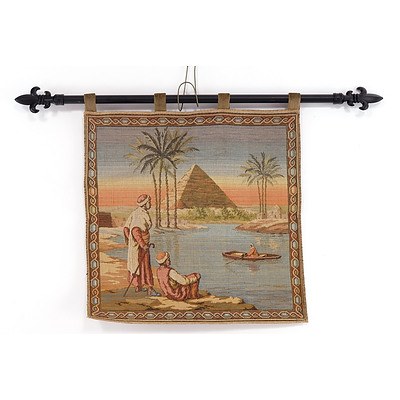 Jacquard Loomed Tapestry on Hanging Rod with Fleur De Le Finials Egyptian Scene (Smallest)