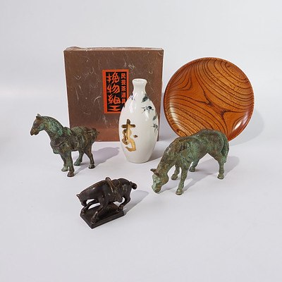 Asian Egret and Pine Motif Vase, Two Patinated Bronze Horse Figurines, an Elm Plate and a Small Ceramic Horse Figurine