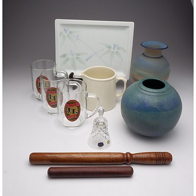 Quantity of Items Including Two Australian Studio Pottery Vases, Fowler Ware Jug, Wooden Truncheon and more