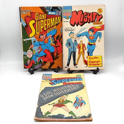 Three Superman Comics, Including Superman Supacomic #179 Planet Comics 1973, A Bad Act to Follow Mighty Comic #105 Planet Comics and a Giant Superman Album #37 Murray Comics 1963