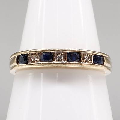9ct Yellow Gold Eternity Ring, with Three Dark Blue Round Faceted Sapphires Alternating with Three Single Cut Diamonds 