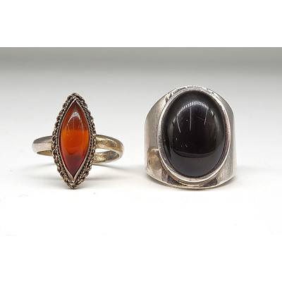Two Sterling Silver Rings with Amber and Glass