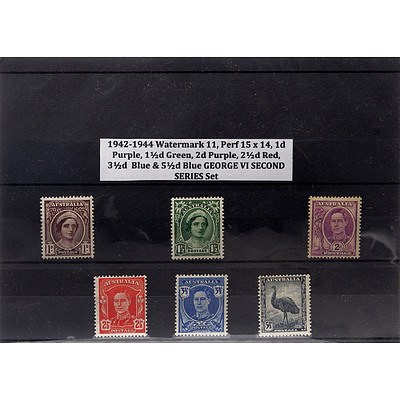1942-1944 Watermark 11, Perf 15x14, 1d Purple, 1 1/2d Green. 2d Purple, 2 1/2d Red, 3 1/2d Blue & 5 1/2d Blie George VI Second Series Stamp Set