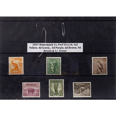 1937 Watermark 11, Perf 15 x 14, 1/2d Yellow, 4d Green, 5d Purple, 6d Brown, 9d Brown & 1/- Green Stamps