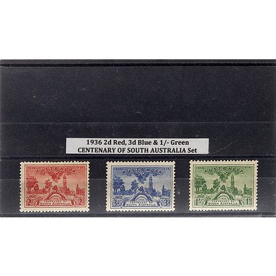 1936 2d Red, 3d Blue & 1/- Green Centenary of South Australia Stamp Set