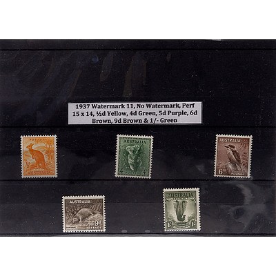 1937 Watermark 11, No Watermark, Perf 15 x 14, 1/2d Yellow, 4d Green, 5d Purple, 6d Brown, 9d Brown & 1/- Green Stamps