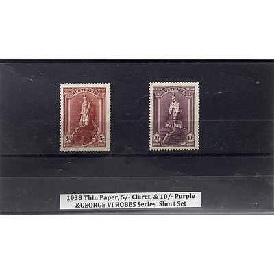 1938 Thin Paper, 5/- Claret, 10/- Purple & George VI Robes Series Short Stamp Set