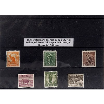 1937 Watermark 11, Perf 13 1/2 x 14, 1/2 d Yellow, 4d Green, 5d Purple, 6d Brown, 9d Brown & 1/- Green Stamps