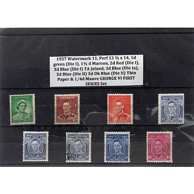 Eight Stamps Including 1937 Watermark 11, Perf 13 1/2 x 14, 1d Green (Die I), 1 1/2d Maroon and More