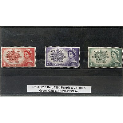 1953 3 1/2d Red, 7 1/2d Purple & 2/- Blue/Green QEII Coronation Stamp Set