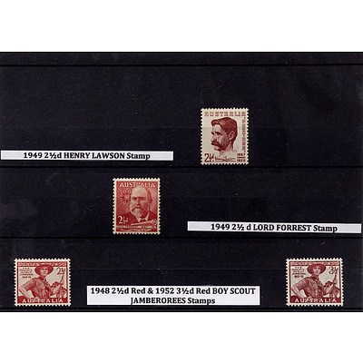 1949 2 1/2d Henry Lawson Stamp, 1949 2 1/2d Lord Forrest Stamp and 1948 2 1/2d Red & 1952 3 1/2d Red Boy Scout Jamborees Stamp
