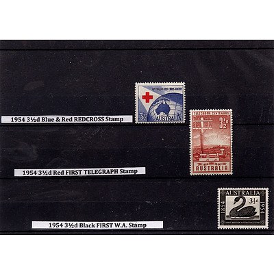 1954 3 1/2d Blue & Red Redcross Stamp, 1954 3 1/2d Red First Telegraph Stamp and 1954 3 1/2d Black First W.A. Stamp