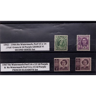 Two 1942-1944 George VI Second Series Stamps and Two 1947 Princess Elizabeth Stamps