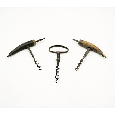 Three Vintage Corkscrews Including Horn Handle with Pick and Wooden Handle with Pick
