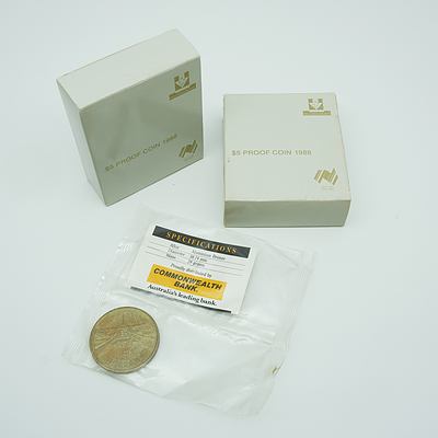 Two 1988 $5 Proof Coins and Commonwealth Bank 1988 $5 Commemorative Coin
