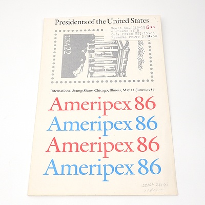 Four 1986 Ameripex 22 Cents Presidents of the United States International Stamp Show Mini Sheets, Mint and Unhinged