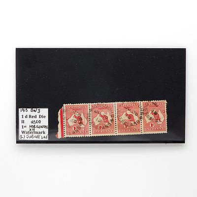 1913 BW3 1d Red Die II Horizontal x4 Watermark Stamps, Jubilee Line