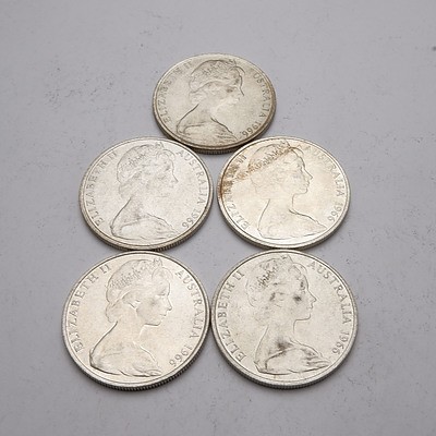 Five Australian 1966 Silver Fifty Cent Coins