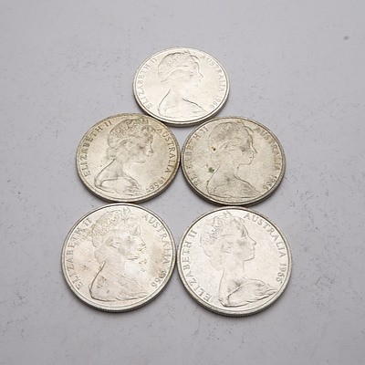Five Australian 1966 Silver Fifty Cent Coins