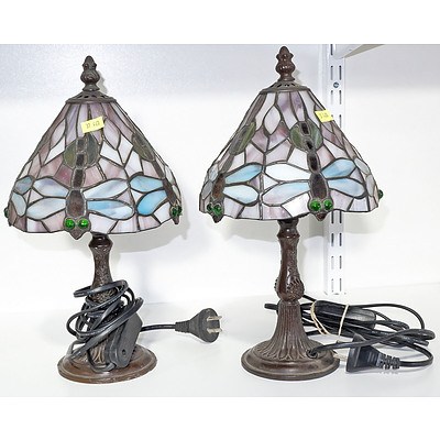 Pair of Tiffany Style Lead Light Dragonfly Lamps