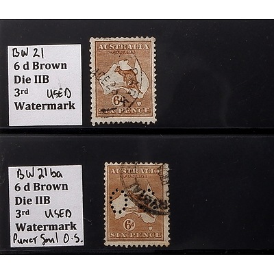 Two 6d Brown Die IIB 3rd Watermark Stamps, Used