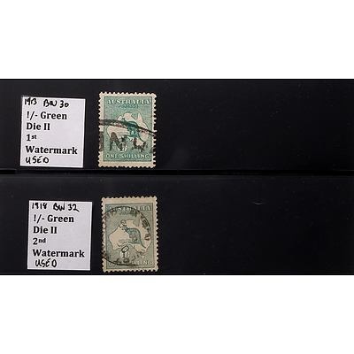 1913 BW30 1st and a 1918 BW32 2nd 1/- Green Die II Watermarked Stamps, Used