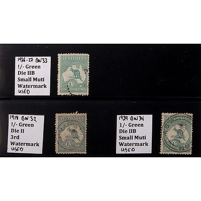 1918, 1926 and 1929 1/- Green Die II/B Watermarked Stamp, Used