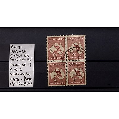 Block of Four 1945 2/- Maroon Roo Re-Drawn Die C of A Watermark, Used and Perth Cancellation