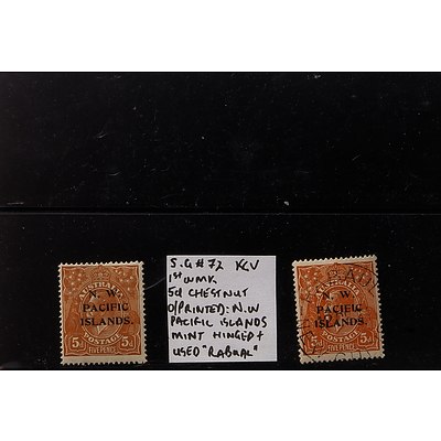 Two 5d Chestnut King George V S.G. #72 1st Watermark O/Printed "N.W. Pacific Islands" Stamps, Mint Hinged & Used "Rabual"