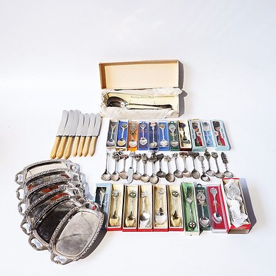 Quantity of Souvenir Teaspoons, Including Eight Silver Plate, Silver Plate Serving Spoons Set in Box, Six Small Silver Plate Trays and More