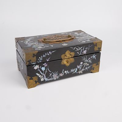 Asian Brass Bound Black Lacquer Jewellery Box with Mother of Pearl Inlay and Mirrored Interior
