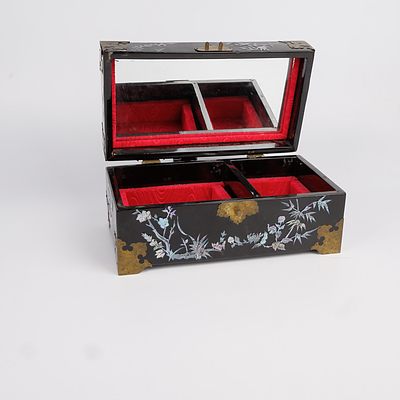 Asian Brass Bound Black Lacquer Jewellery Box with Mother of Pearl Inlay and Mirrored Interior