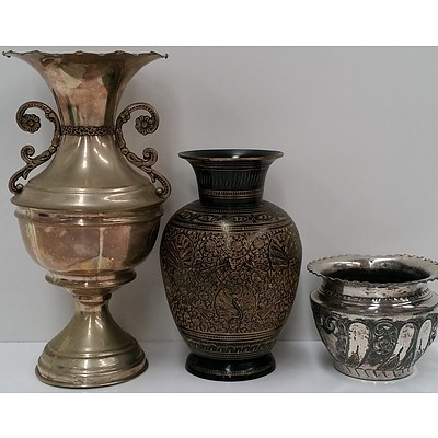 Collection of Silver Plated Pieces and Metal Vase