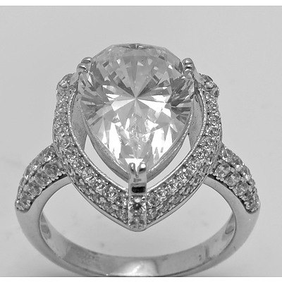 Sterling Silver Ring - Large Pear-Cut Cz, Pave Set With White Cz To Halo & Shoulders