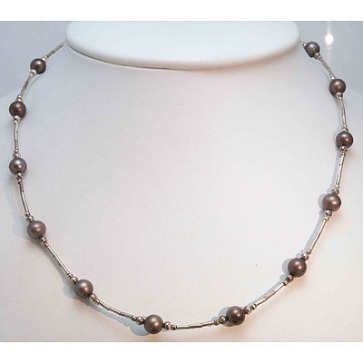 Sterling Silver Necklace Threaded With Bronze-Black Fresh-Water Cultured Pearls