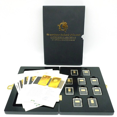 Maquarie Mint The Most Famous Landmarks of the World, 2014 Masterpieces of Architecture on Official Gold-Coin-Bars, 10 Proof Gold-Coin-Bar Complete Set